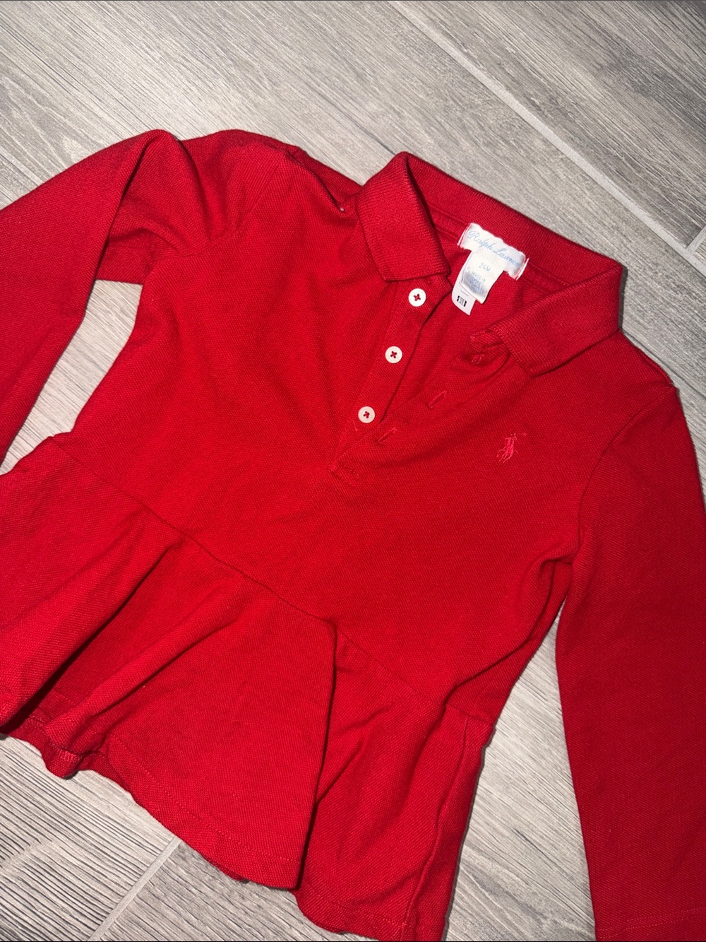 Ralph Lauren Girls Red Long-Sleeve Peplum Polo 24M